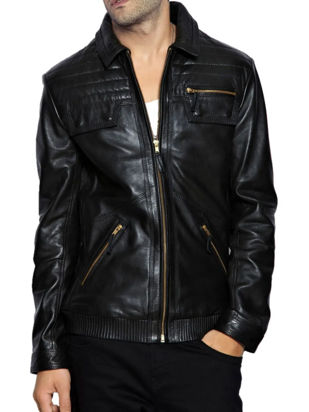 Quilted Panel Leather Biker Jacket