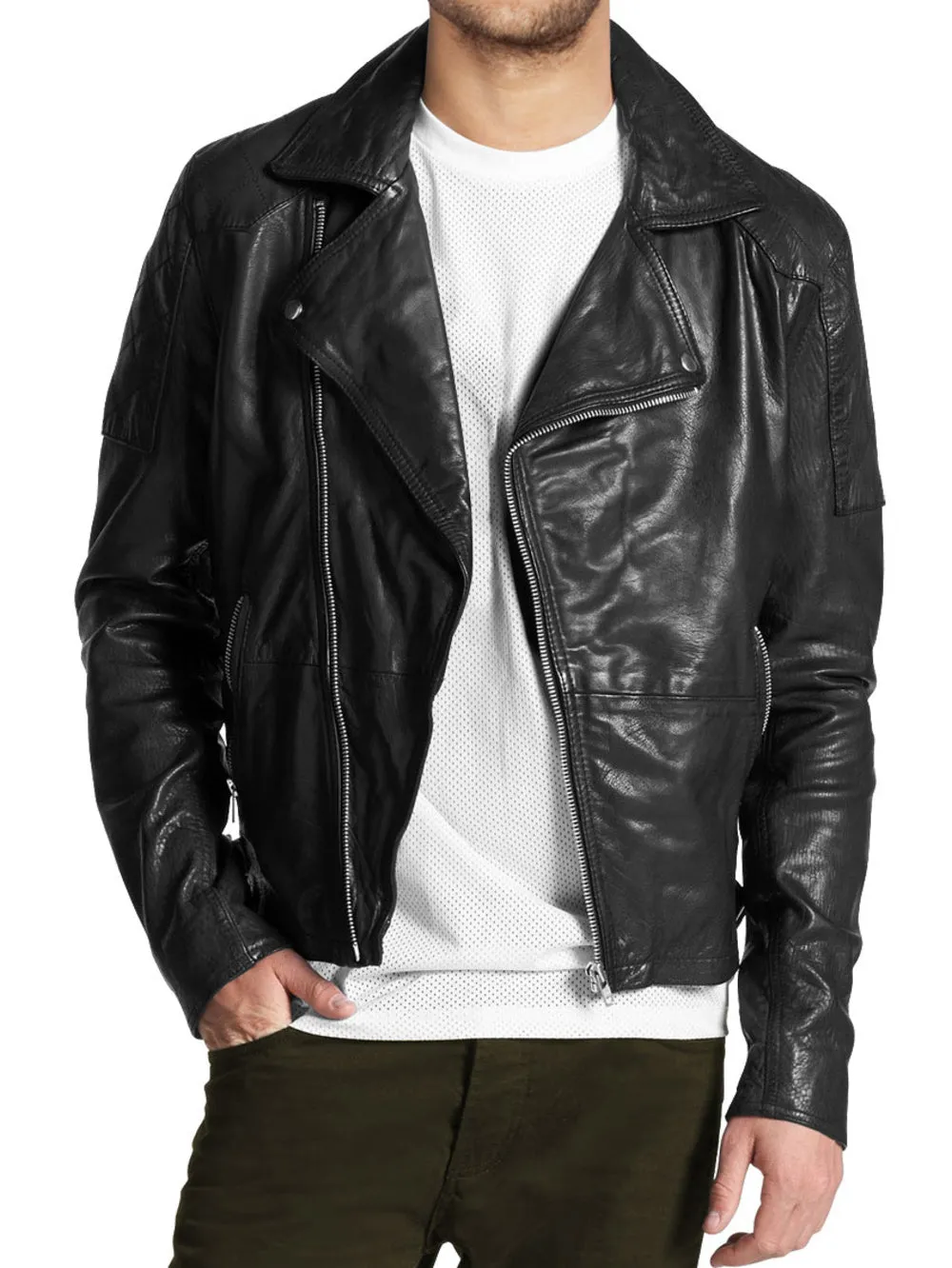 Quilted Panel Moto Leather Jacket