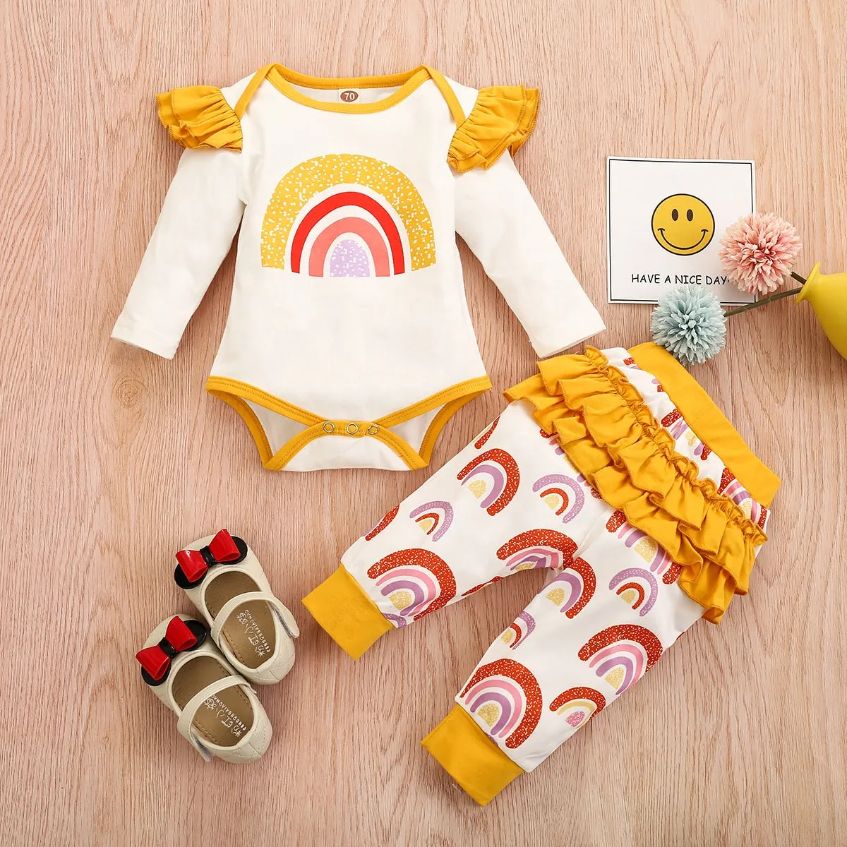 Rainbow Flare Sleeve Romper With Ruffle Pants 2PCS Set 9M-18M
