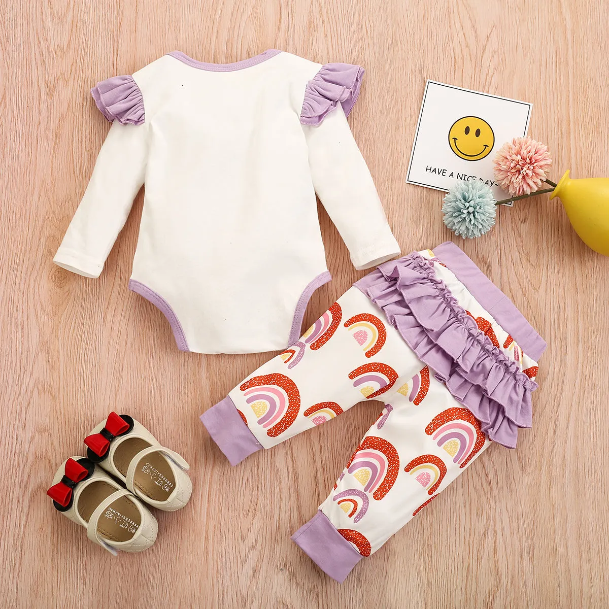 Rainbow Flare Sleeve Romper With Ruffle Pants 2PCS Set 9M-18M