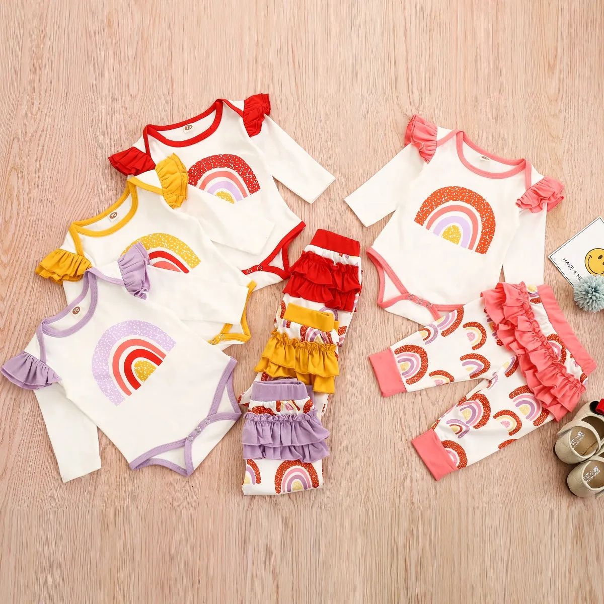 Rainbow Flare Sleeve Romper With Ruffle Pants 2PCS Set 9M-18M
