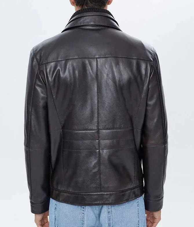 Reacher | Men's Black Ribbed Collar Leather Biker Jacket