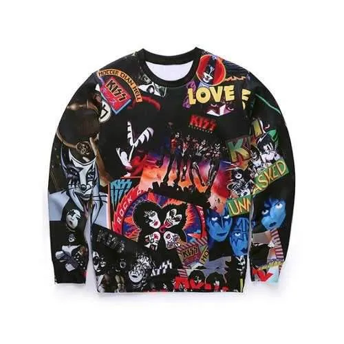 Round Neck 3D Cartoon Figures Spliced Print Long Sleeve Sweatshirt - Black Xl