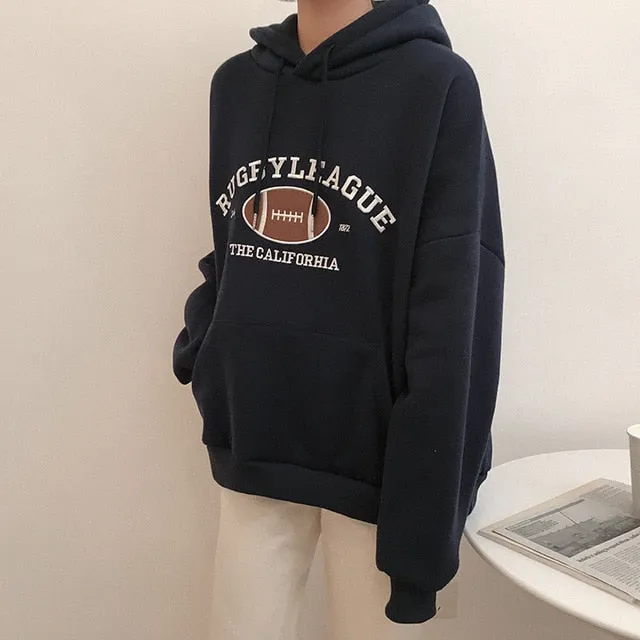 Rugby Fleece Women Hoodie Beige Gray Blue Loose Casual Korean Style Sweatshirt Hooded Pull
