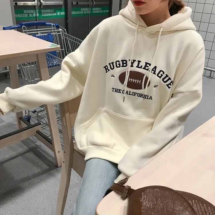 Rugby Fleece Women Hoodie Beige Gray Blue Loose Casual Korean Style Sweatshirt Hooded Pull
