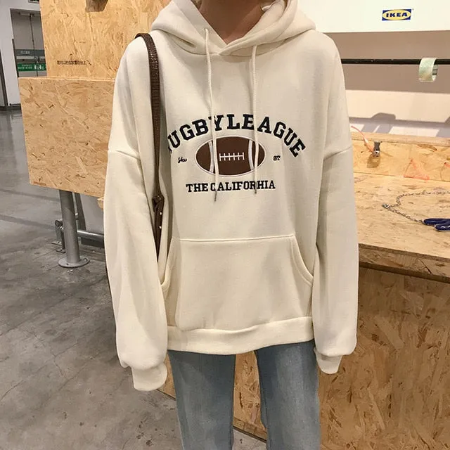 Rugby Fleece Women Hoodie Beige Gray Blue Loose Casual Korean Style Sweatshirt Hooded Pull