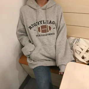 Rugby Fleece Women Hoodie Beige Gray Blue Loose Casual Korean Style Sweatshirt Hooded Pull