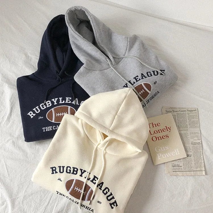 Rugby Fleece Women Hoodie Beige Gray Blue Loose Casual Korean Style Sweatshirt Hooded Pull