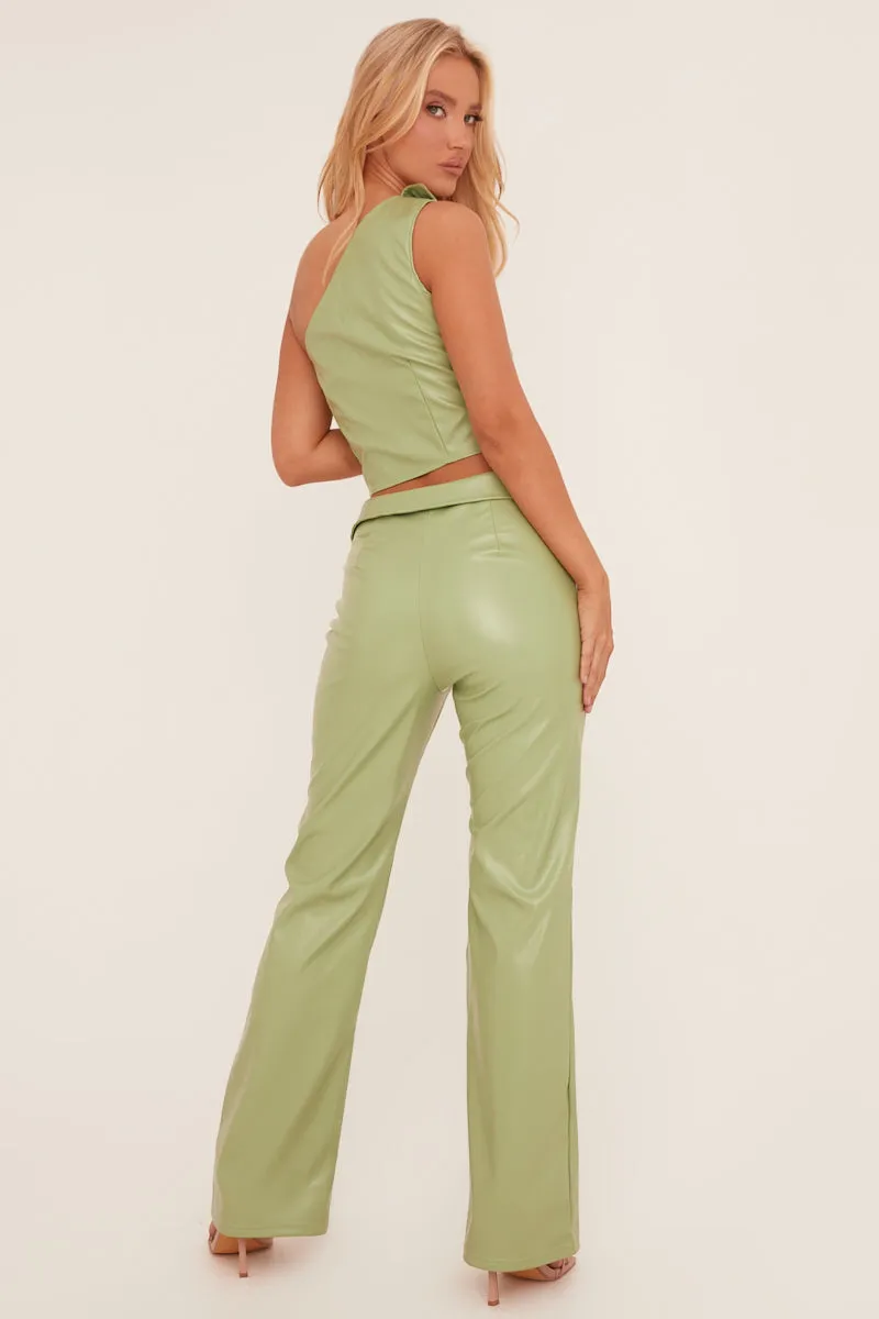Sage Faux Leather One Shoulder Top & Trousers Co-ord Set - Lydian
