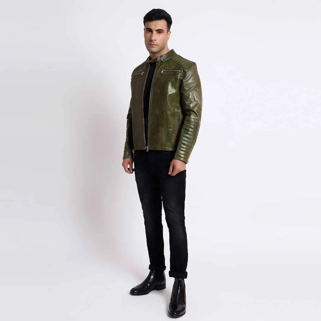 Saint Agostino Olive Leather Men's Cafe Racer Jackets