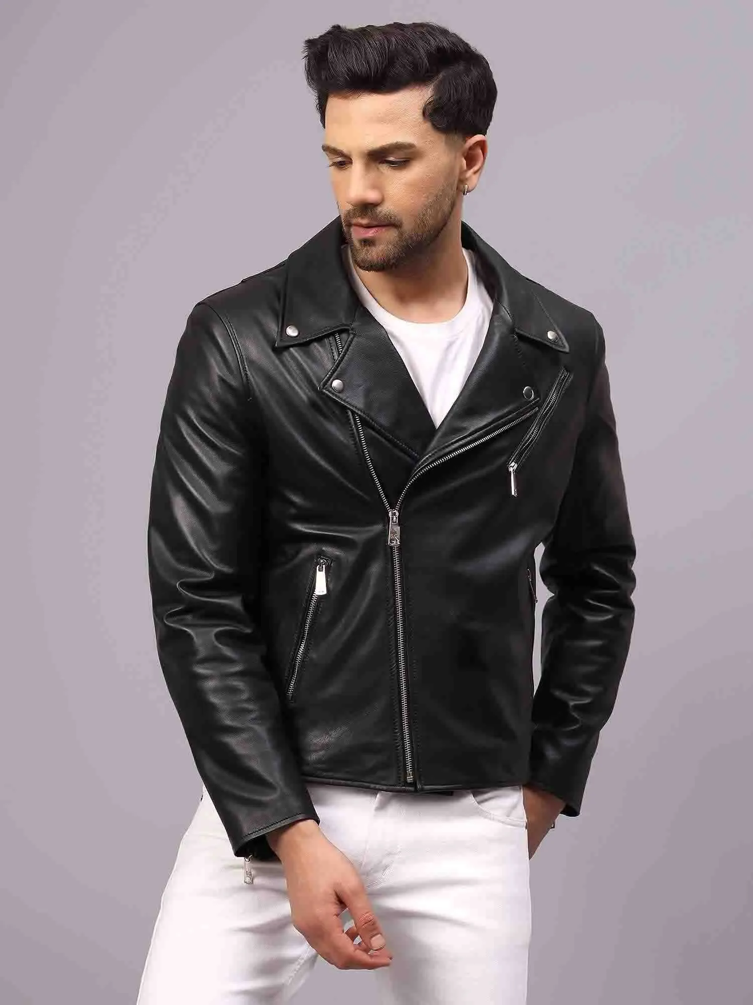 Saint Logan Men's Black Leather Biker Style Jackets