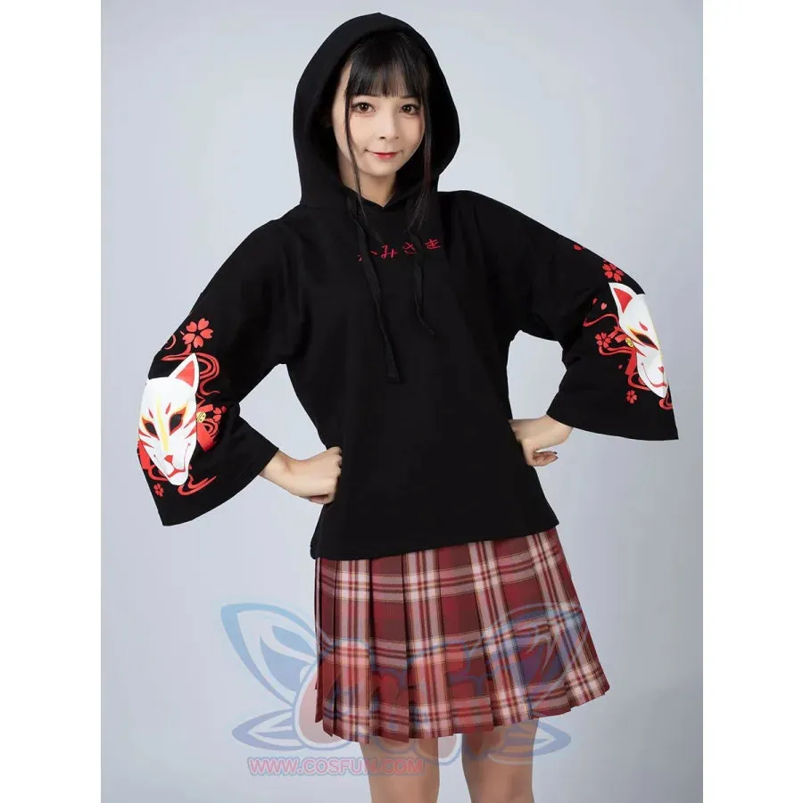 Sakura Fox Mask Print Drawstring Hoodie mp006002