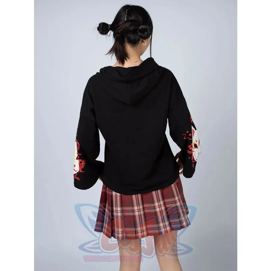 Sakura Fox Mask Print Drawstring Hoodie mp006002