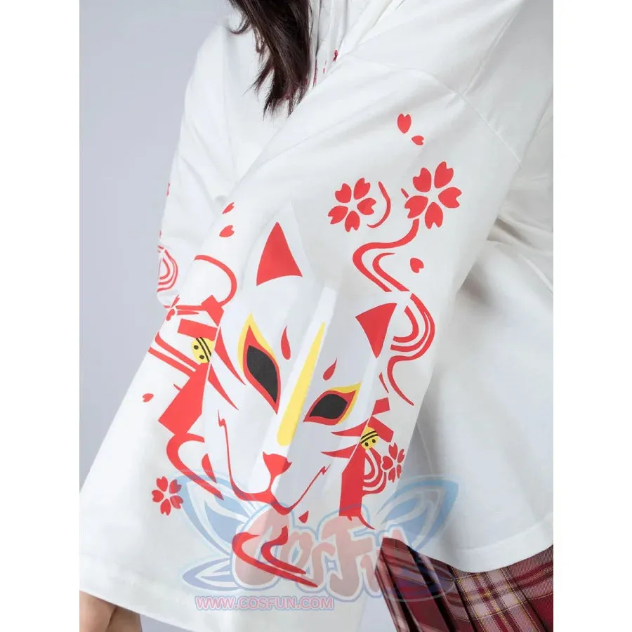 Sakura Fox Mask Print Drawstring Hoodie mp006002