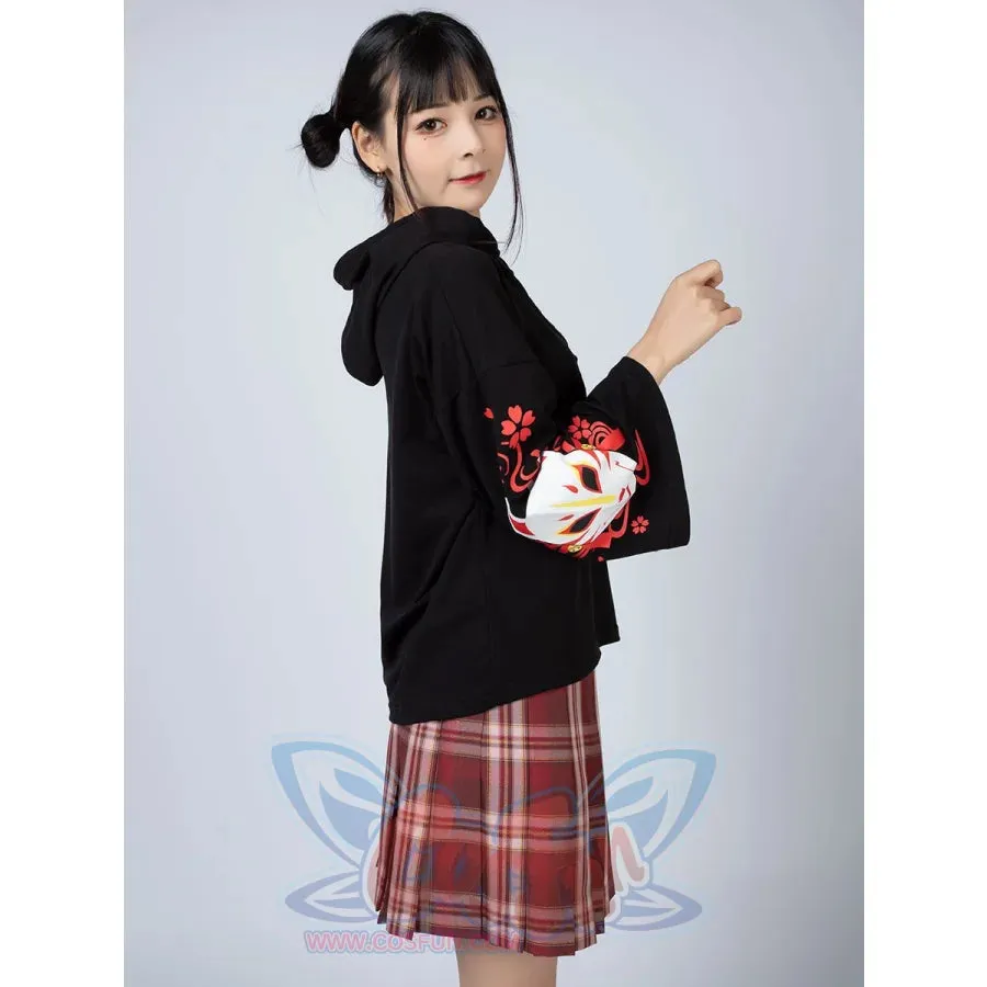 Sakura Fox Mask Print Drawstring Hoodie mp006002