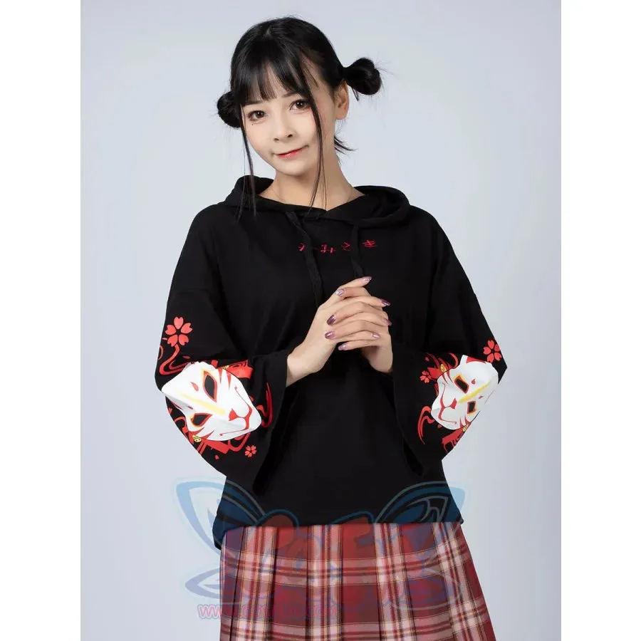 Sakura Fox Mask Print Drawstring Hoodie mp006002