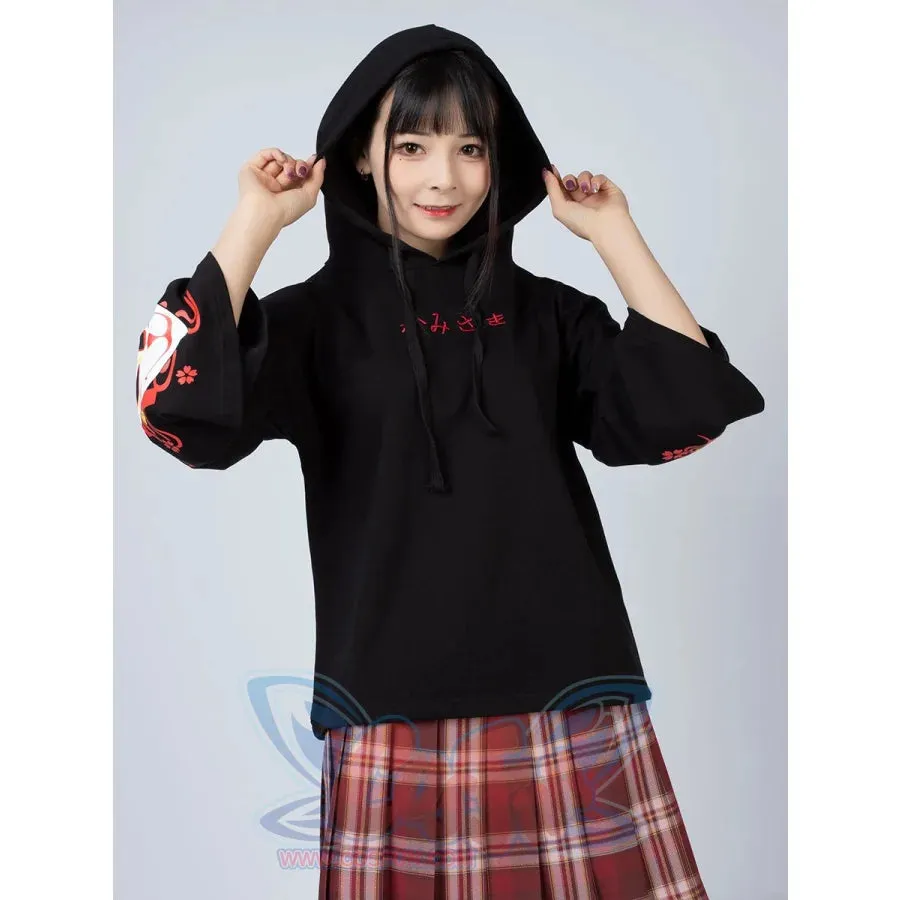 Sakura Fox Mask Print Drawstring Hoodie mp006002