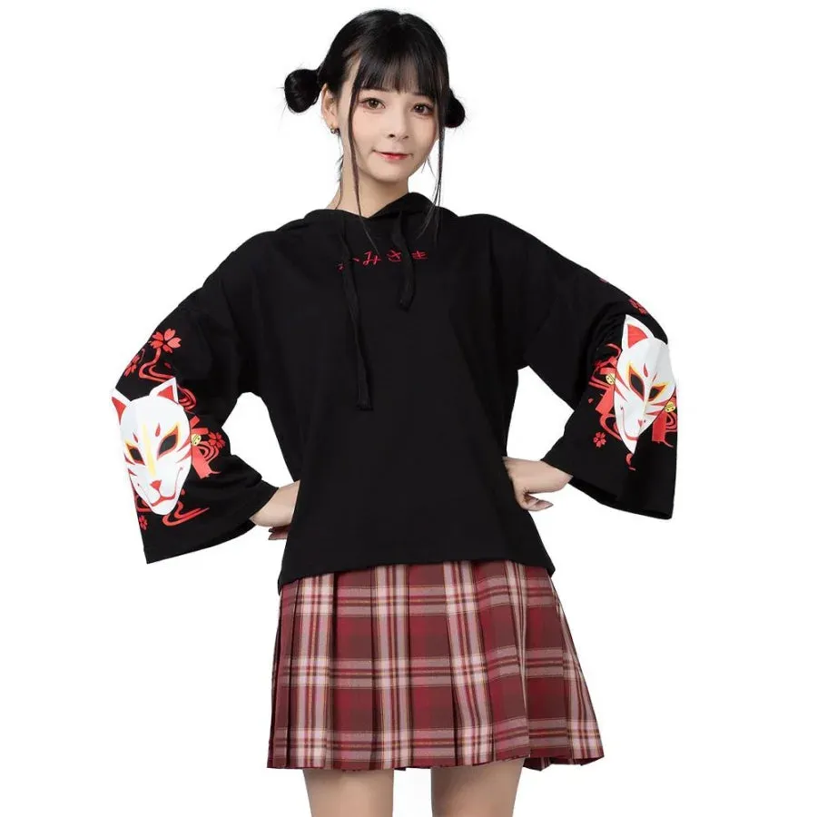 Sakura Fox Mask Print Drawstring Hoodie mp006002