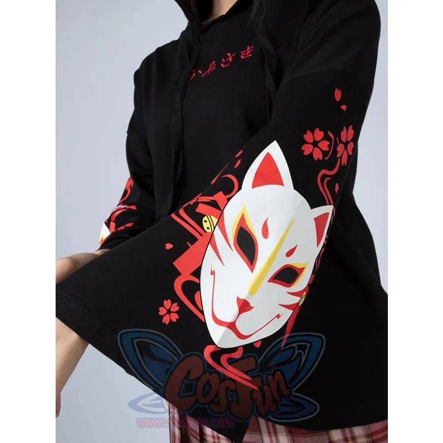 Sakura Fox Mask Print Drawstring Hoodie mp006002