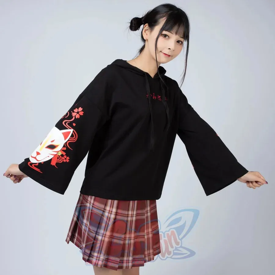 Sakura Fox Mask Print Drawstring Hoodie mp006002