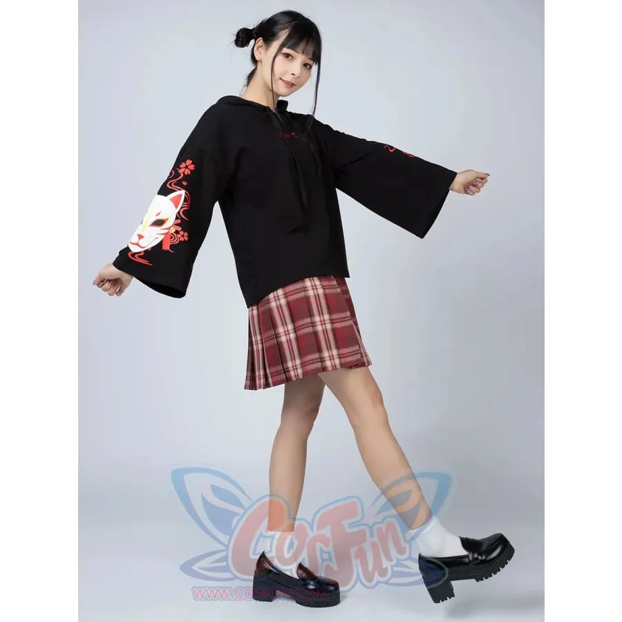 Sakura Fox Mask Print Drawstring Hoodie mp006002