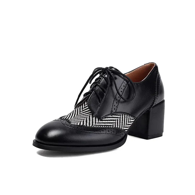 Scarpe Oxford brogue casual con punta tonda, lacci e tacco spesso 