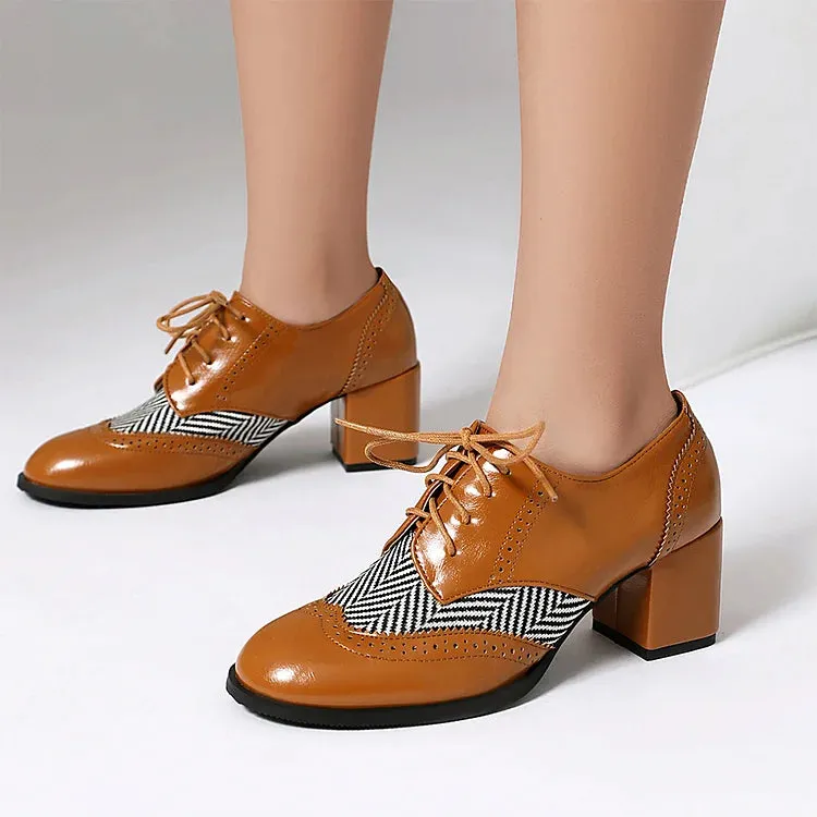Scarpe Oxford brogue casual con punta tonda, lacci e tacco spesso 