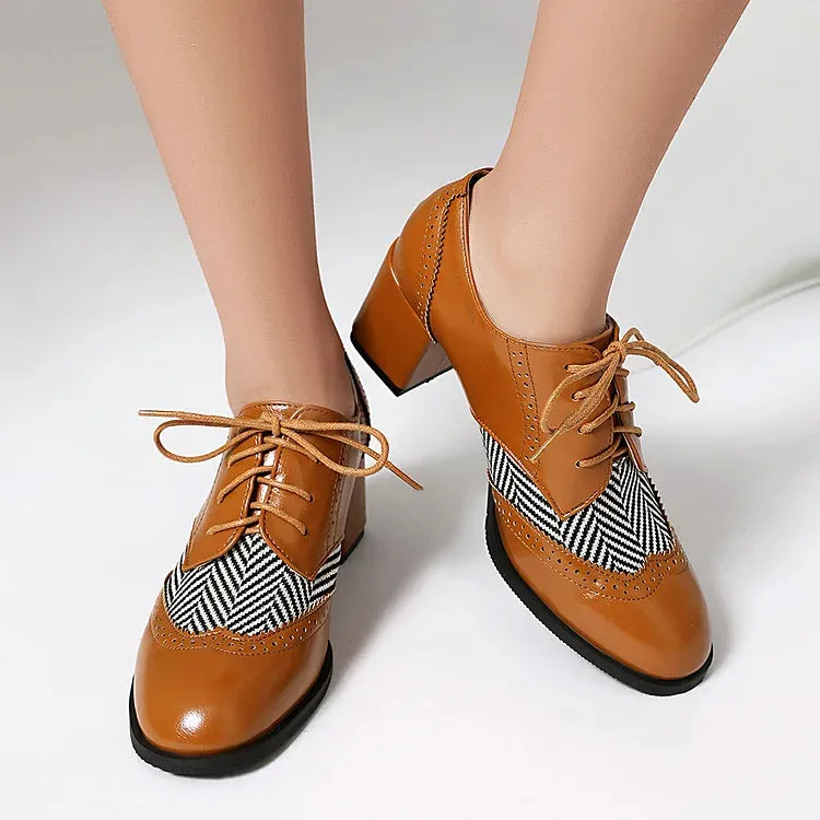 Scarpe Oxford brogue casual con punta tonda, lacci e tacco spesso 