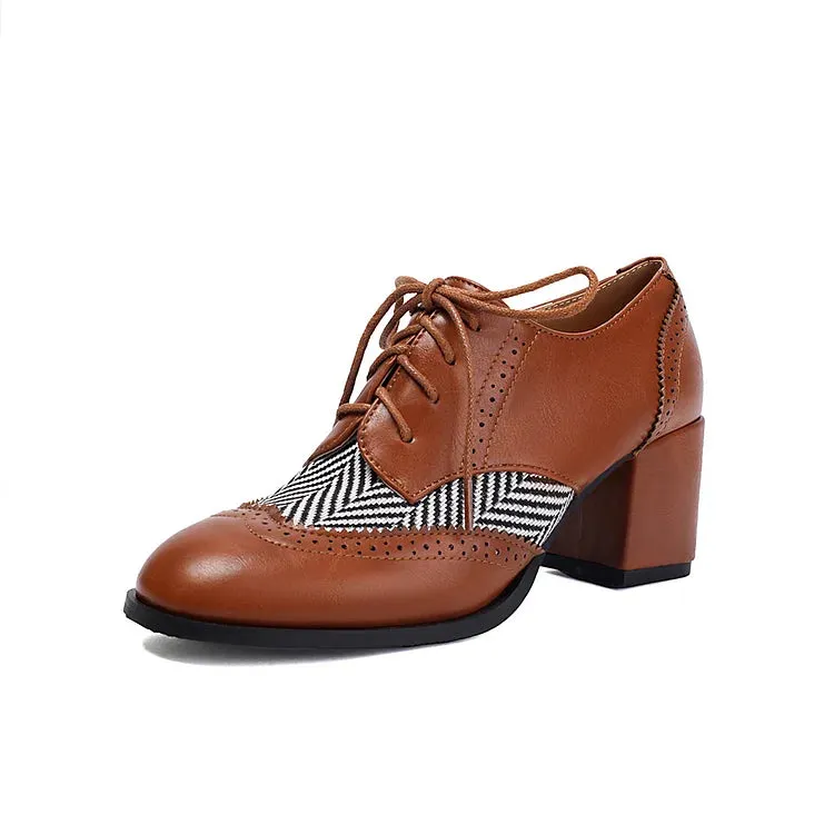 Scarpe Oxford brogue casual con punta tonda, lacci e tacco spesso 