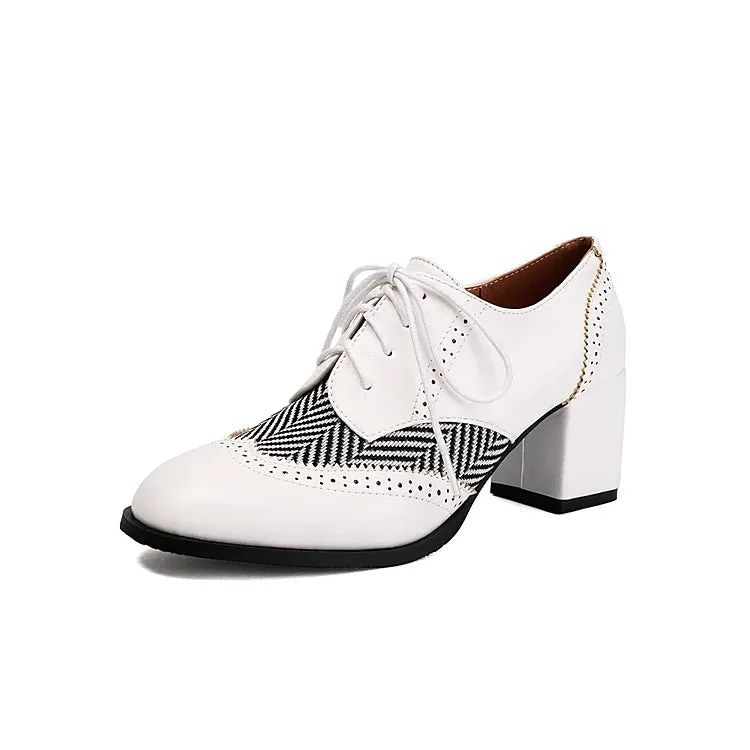 Scarpe Oxford brogue casual con punta tonda, lacci e tacco spesso 