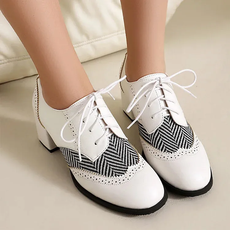 Scarpe Oxford brogue casual con punta tonda, lacci e tacco spesso 