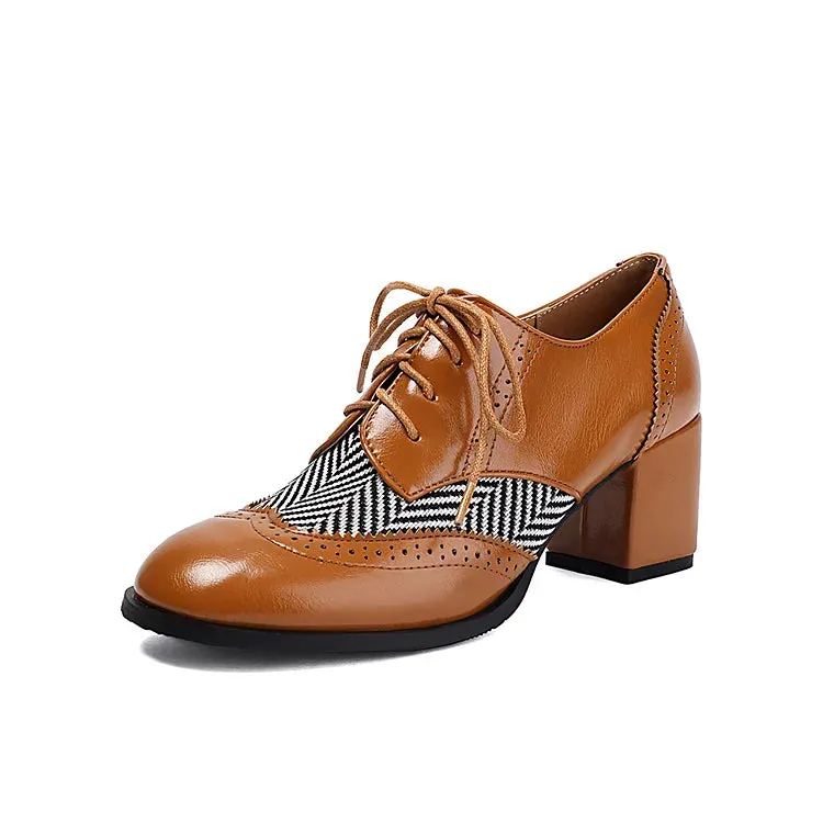 Scarpe Oxford brogue casual con punta tonda, lacci e tacco spesso 