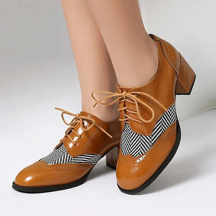 Scarpe Oxford brogue casual con punta tonda, lacci e tacco spesso 