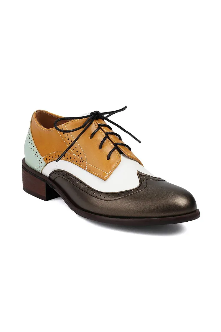Scarpe Oxford Brogue con lacci e punta rotonda con tacco basso e blocco patchwork colorblock 