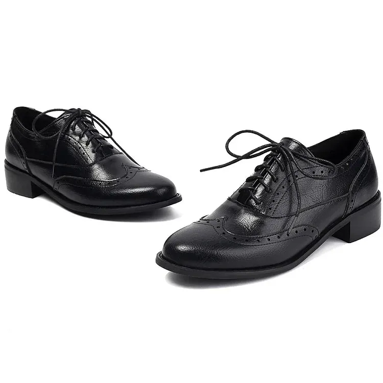 Scarpe Oxford Brogue con lacci e punta tonda e tacco basso a blocco, tinta unita, patchwork 