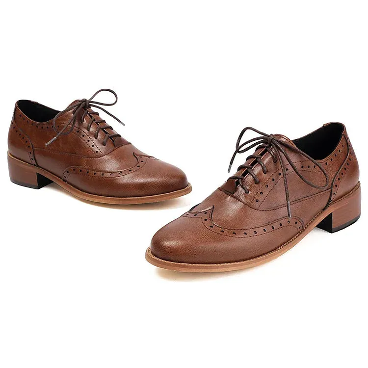 Scarpe Oxford Brogue con lacci e punta tonda e tacco basso a blocco, tinta unita, patchwork 