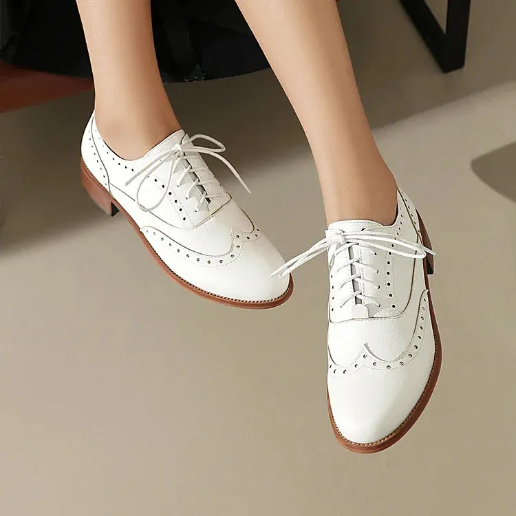 Scarpe Oxford Brogue con lacci e punta tonda e tacco basso a blocco, tinta unita, patchwork 