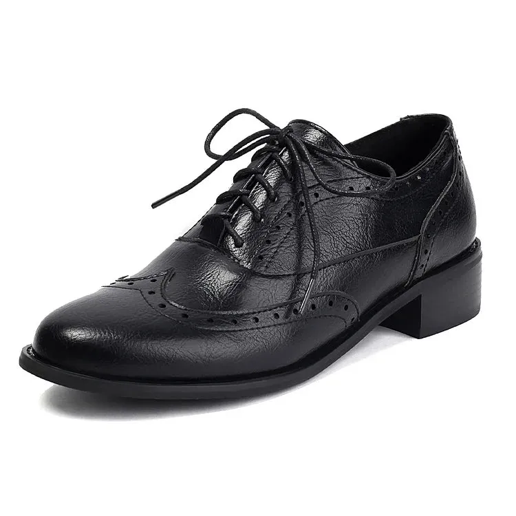 Scarpe Oxford Brogue con lacci e punta tonda e tacco basso a blocco, tinta unita, patchwork 
