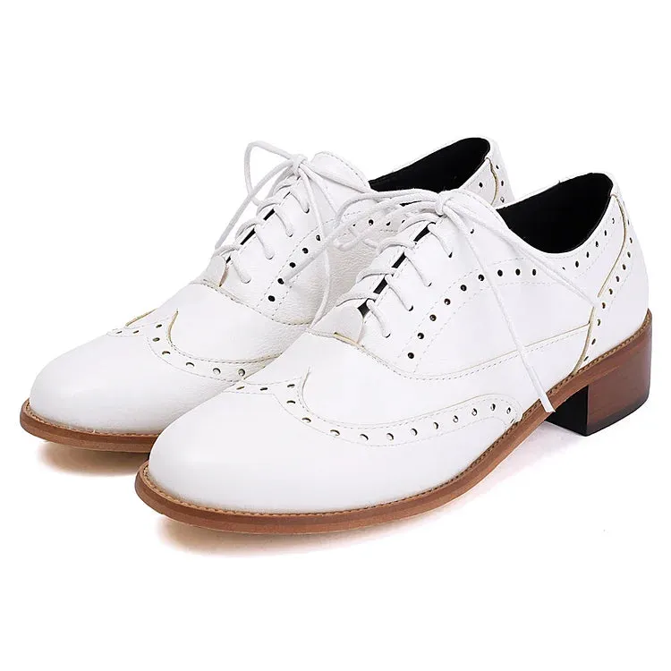 Scarpe Oxford Brogue con lacci e punta tonda e tacco basso a blocco, tinta unita, patchwork 