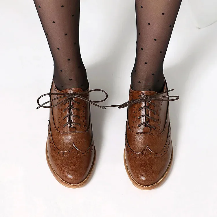 Scarpe Oxford Brogue con lacci e punta tonda e tacco basso a blocco, tinta unita, patchwork 