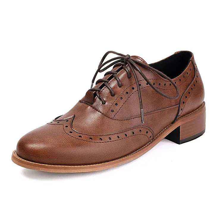 Scarpe Oxford Brogue con lacci e punta tonda e tacco basso a blocco, tinta unita, patchwork 