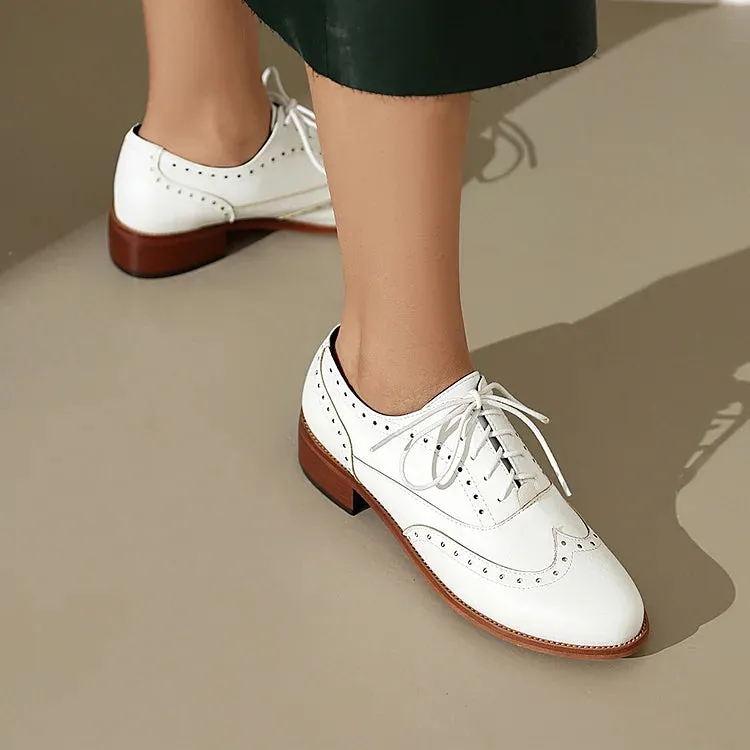 Scarpe Oxford Brogue con lacci e punta tonda e tacco basso a blocco, tinta unita, patchwork 