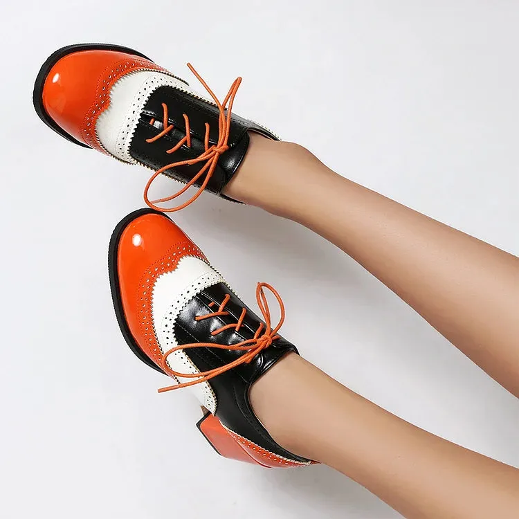 Scarpe Oxford Brogue con Tacco Grosso e Lacci, Punta Rotonda e Patchwork Color Block 