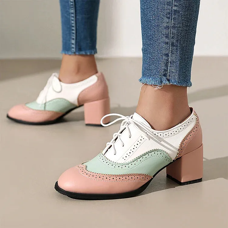 Scarpe Oxford Brogue con Tacco Grosso e Lacci, Punta Rotonda e Patchwork Color Block 
