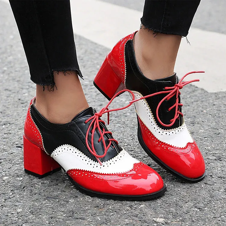 Scarpe Oxford Brogue con Tacco Grosso e Lacci, Punta Rotonda e Patchwork Color Block 