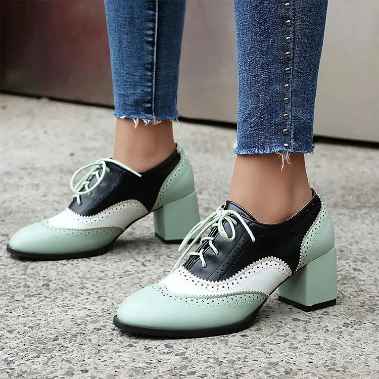 Scarpe Oxford Brogue con Tacco Grosso e Lacci, Punta Rotonda e Patchwork Color Block 