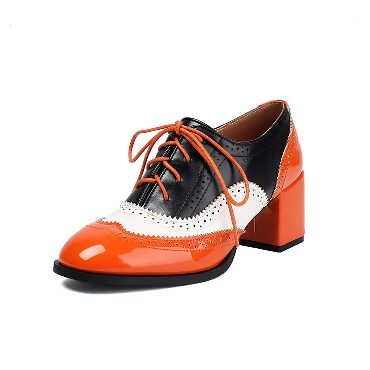 Scarpe Oxford Brogue con Tacco Grosso e Lacci, Punta Rotonda e Patchwork Color Block 