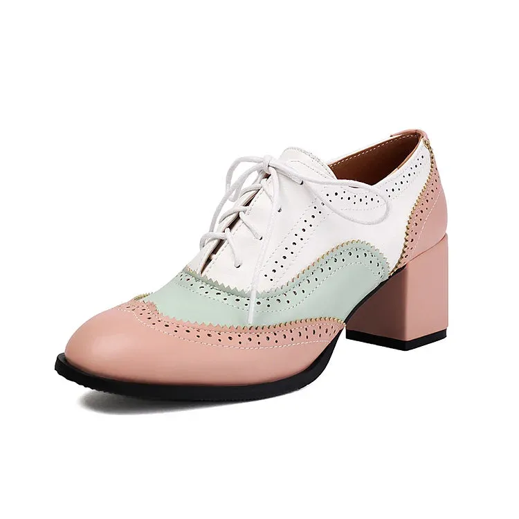 Scarpe Oxford Brogue con Tacco Grosso e Lacci, Punta Rotonda e Patchwork Color Block 
