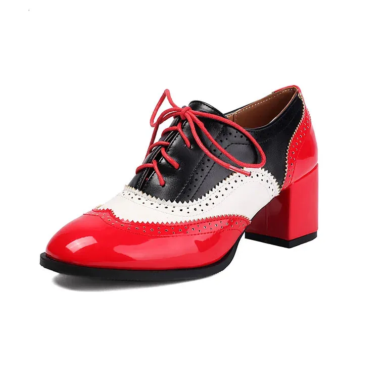 Scarpe Oxford Brogue con Tacco Grosso e Lacci, Punta Rotonda e Patchwork Color Block 