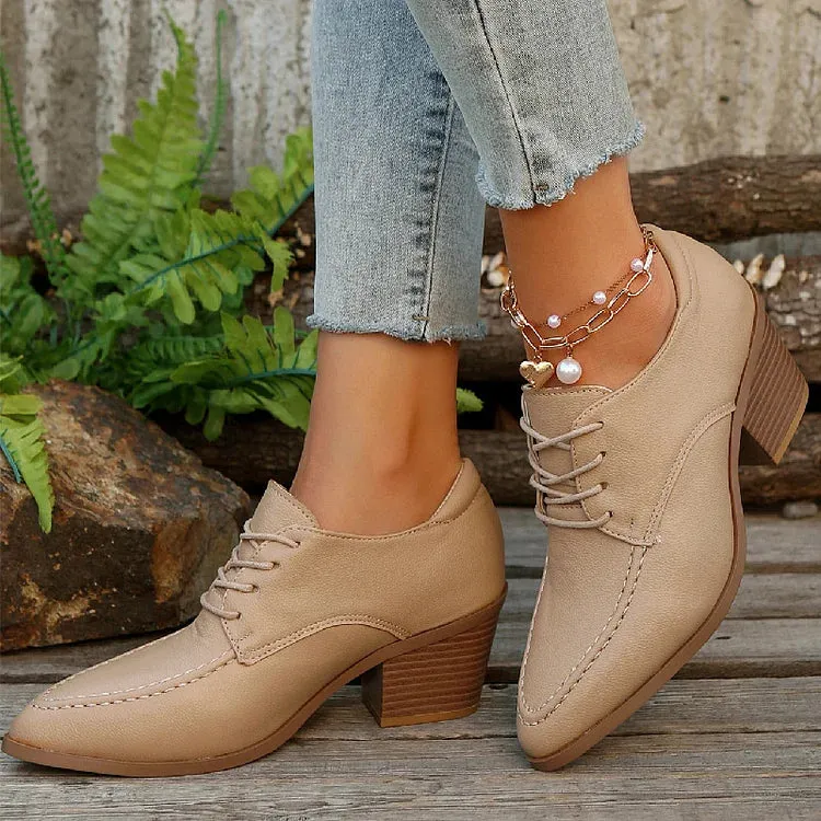 Scarpe Oxford con lacci, punta affilata, tacco spesso, punto patchwork 